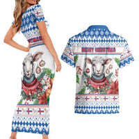 Faroe Islands Christmas Couples Matching Short Sleeve Bodycon Dress and Hawaiian Shirt Cute Faroese Sheep Xmas Patterns - Wonder Print Shop