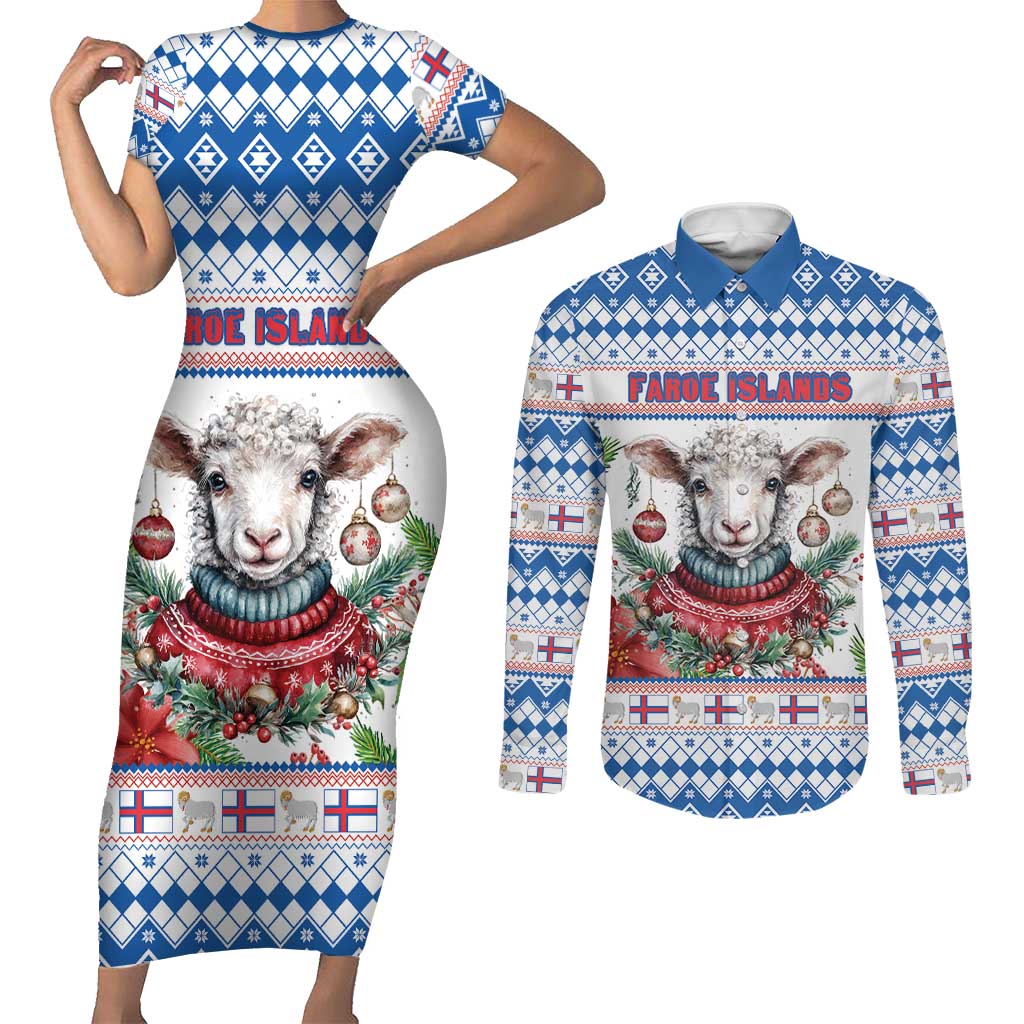 Faroe Islands Christmas Couples Matching Short Sleeve Bodycon Dress and Long Sleeve Button Shirt Cute Faroese Sheep Xmas Patterns - Wonder Print Shop