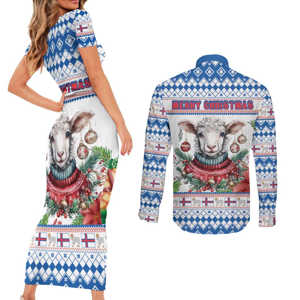 Faroe Islands Christmas Couples Matching Short Sleeve Bodycon Dress and Long Sleeve Button Shirt Cute Faroese Sheep Xmas Patterns - Wonder Print Shop