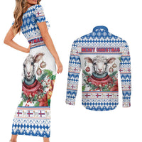 Faroe Islands Christmas Couples Matching Short Sleeve Bodycon Dress and Long Sleeve Button Shirt Cute Faroese Sheep Xmas Patterns - Wonder Print Shop
