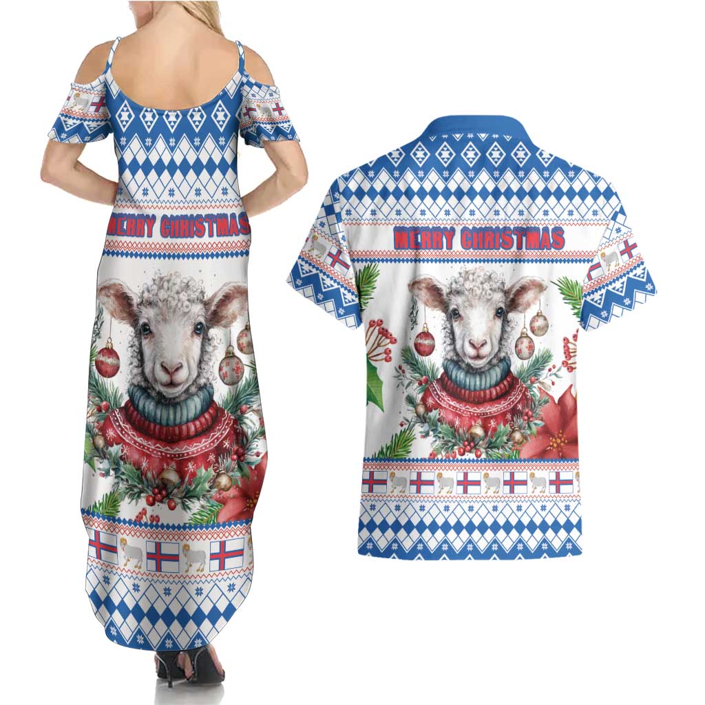 Faroe Islands Christmas Couples Matching Summer Maxi Dress and Hawaiian Shirt Cute Faroese Sheep Xmas Patterns - Wonder Print Shop