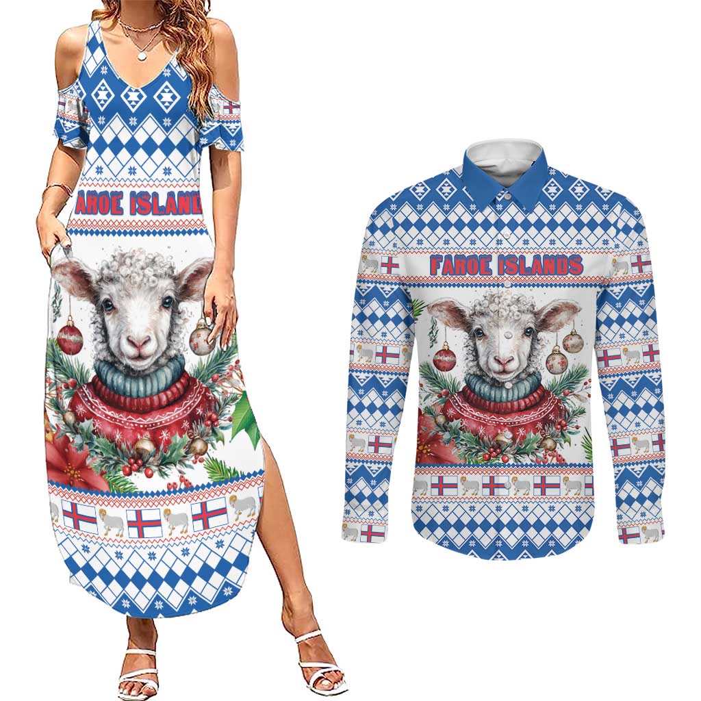 Faroe Islands Christmas Couples Matching Summer Maxi Dress and Long Sleeve Button Shirt Cute Faroese Sheep Xmas Patterns - Wonder Print Shop