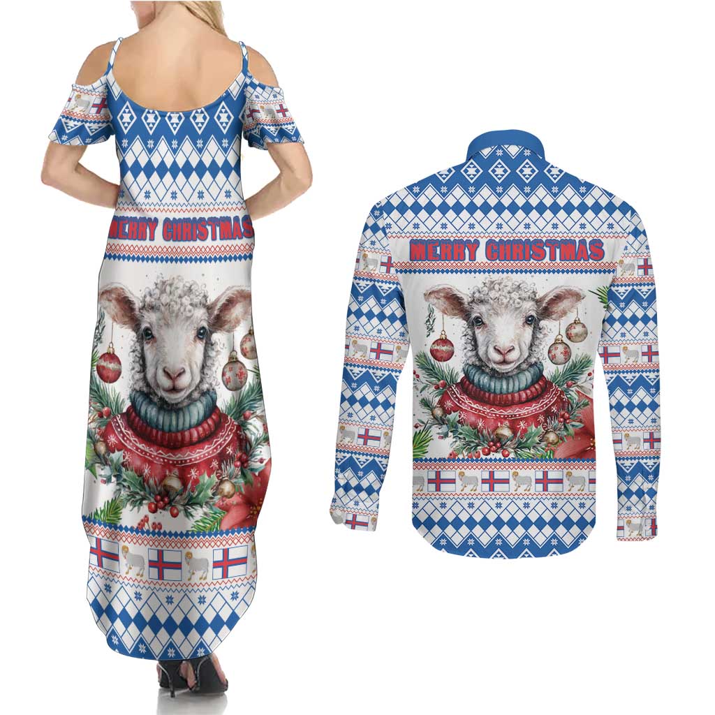Faroe Islands Christmas Couples Matching Summer Maxi Dress and Long Sleeve Button Shirt Cute Faroese Sheep Xmas Patterns - Wonder Print Shop