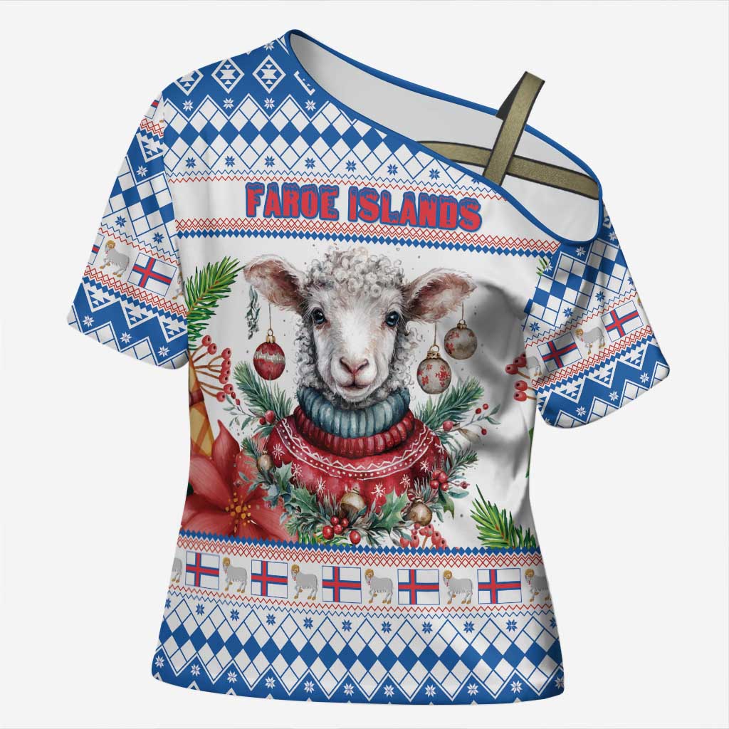 Faroe Islands Christmas Cross Shoulder Shirt Cute Faroese Sheep Xmas Patterns - Wonder Print Shop