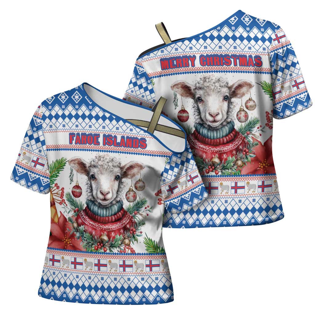 Faroe Islands Christmas Cross Shoulder Shirt Cute Faroese Sheep Xmas Patterns - Wonder Print Shop