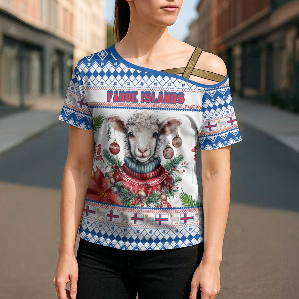 Faroe Islands Christmas Cross Shoulder Shirt Cute Faroese Sheep Xmas Patterns - Wonder Print Shop