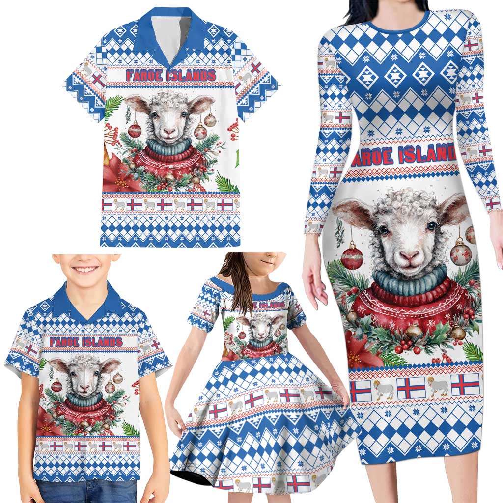 Faroe Islands Christmas Family Matching Long Sleeve Bodycon Dress and Hawaiian Shirt Cute Faroese Sheep Xmas Patterns - Wonder Print Shop