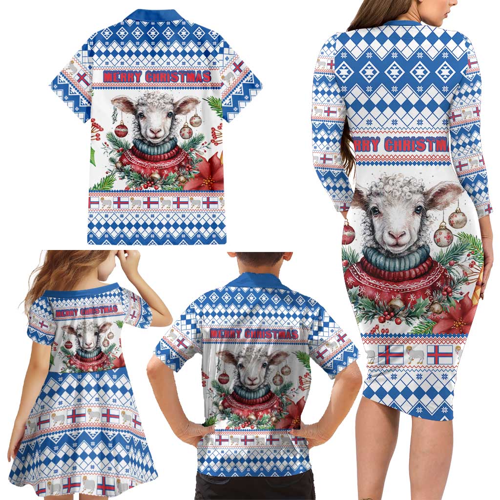 Faroe Islands Christmas Family Matching Long Sleeve Bodycon Dress and Hawaiian Shirt Cute Faroese Sheep Xmas Patterns - Wonder Print Shop