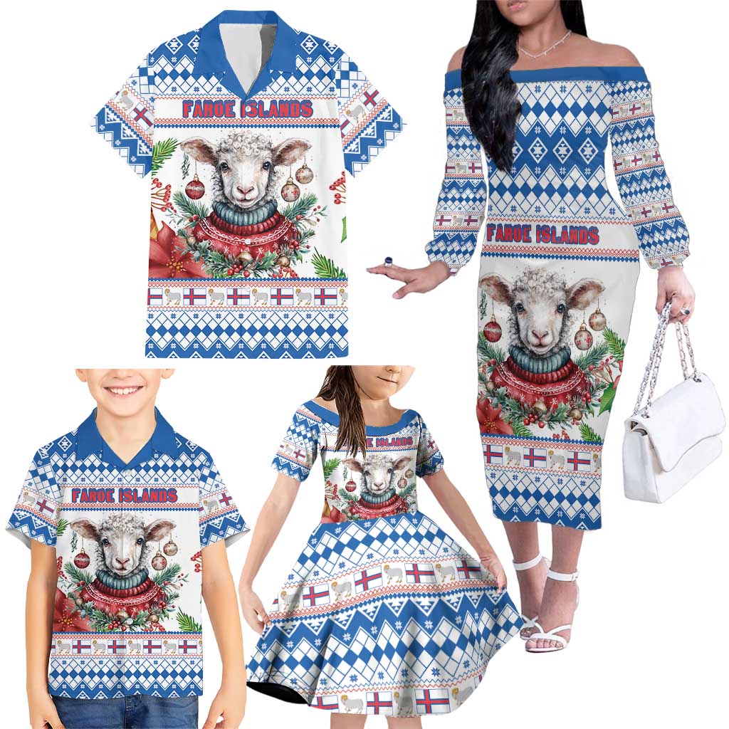 Faroe Islands Christmas Family Matching Off The Shoulder Long Sleeve Dress and Hawaiian Shirt Cute Faroese Sheep Xmas Patterns - Wonder Print Shop