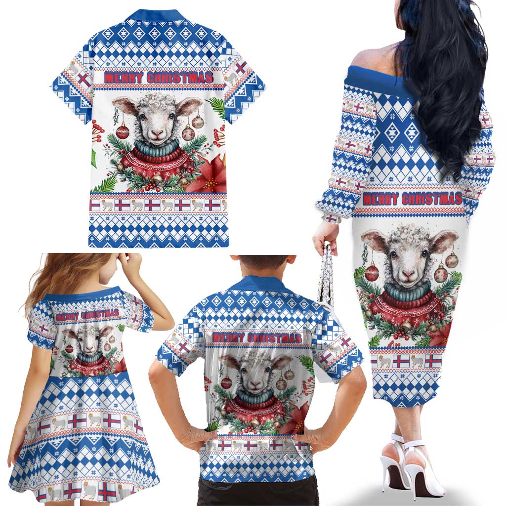 Faroe Islands Christmas Family Matching Off The Shoulder Long Sleeve Dress and Hawaiian Shirt Cute Faroese Sheep Xmas Patterns - Wonder Print Shop