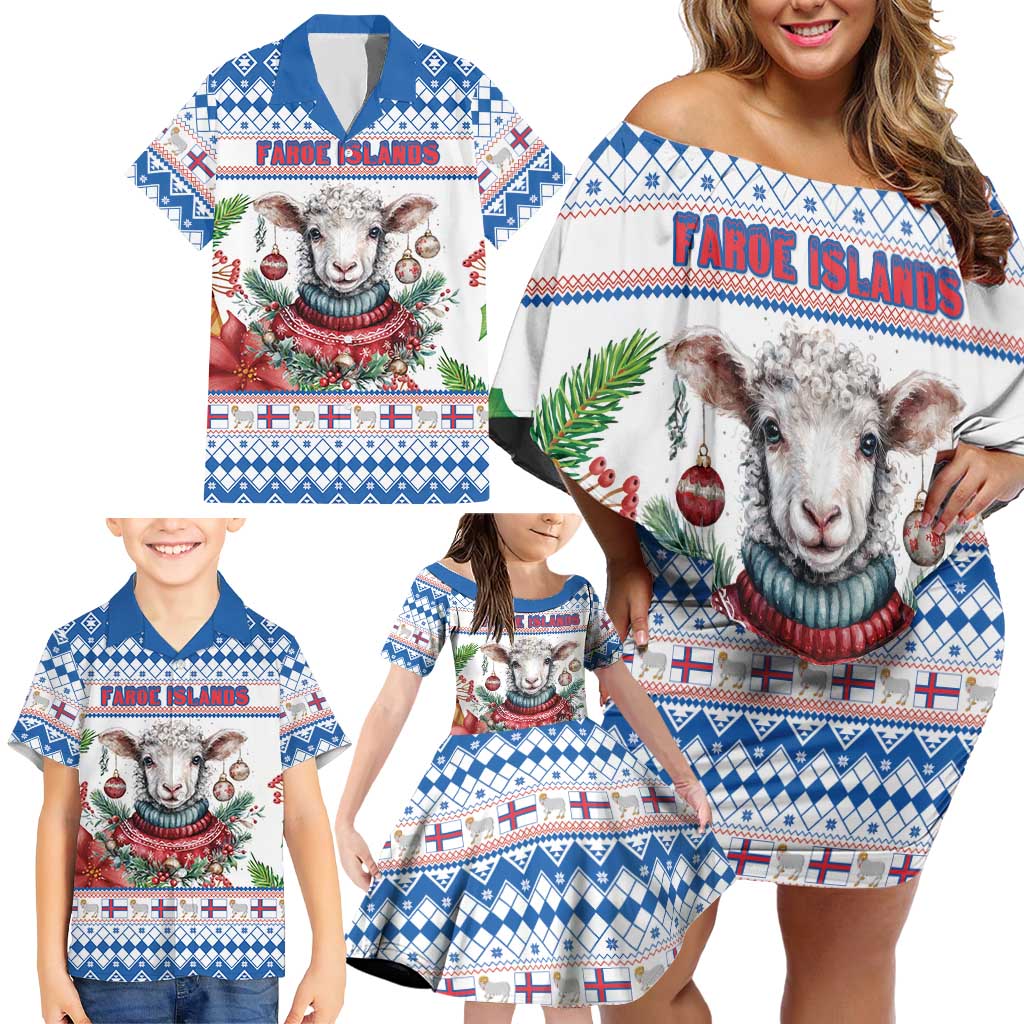 Faroe Islands Christmas Family Matching Off Shoulder Short Dress and Hawaiian Shirt Cute Faroese Sheep Xmas Patterns - Wonder Print Shop