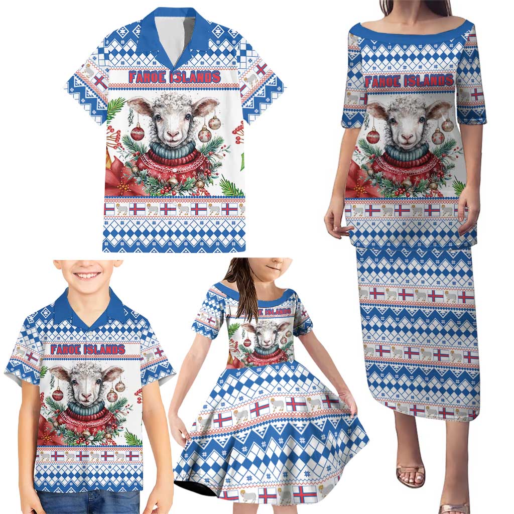 Faroe Islands Christmas Family Matching Puletasi and Hawaiian Shirt Cute Faroese Sheep Xmas Patterns - Wonder Print Shop