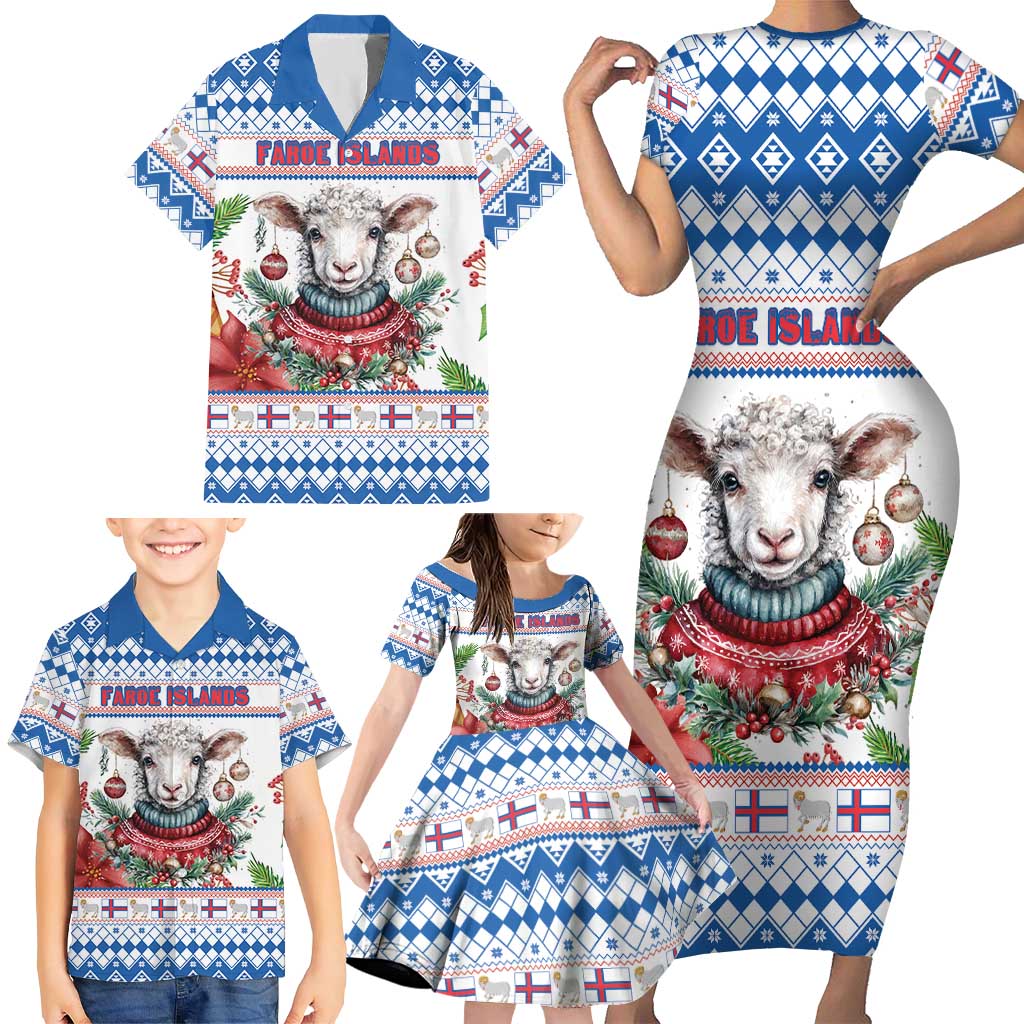 Faroe Islands Christmas Family Matching Short Sleeve Bodycon Dress and Hawaiian Shirt Cute Faroese Sheep Xmas Patterns - Wonder Print Shop