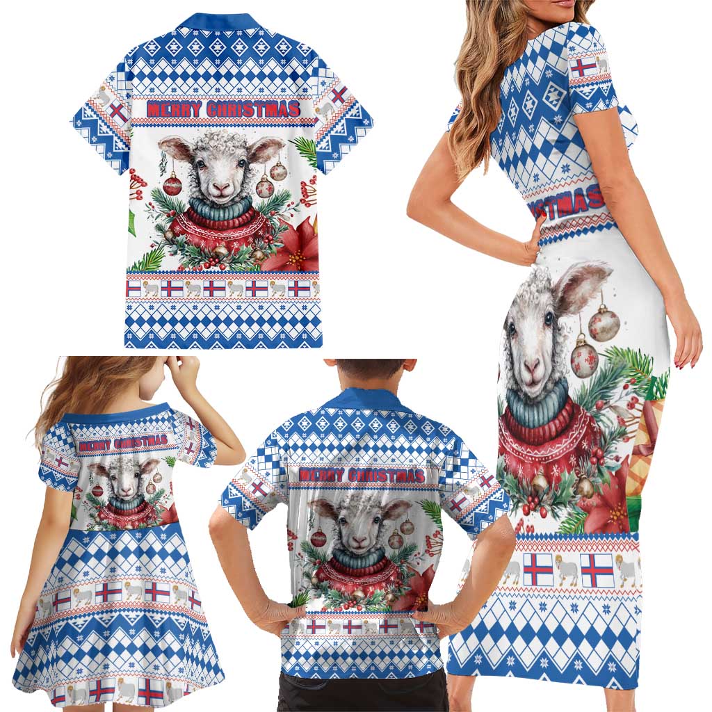 Faroe Islands Christmas Family Matching Short Sleeve Bodycon Dress and Hawaiian Shirt Cute Faroese Sheep Xmas Patterns - Wonder Print Shop