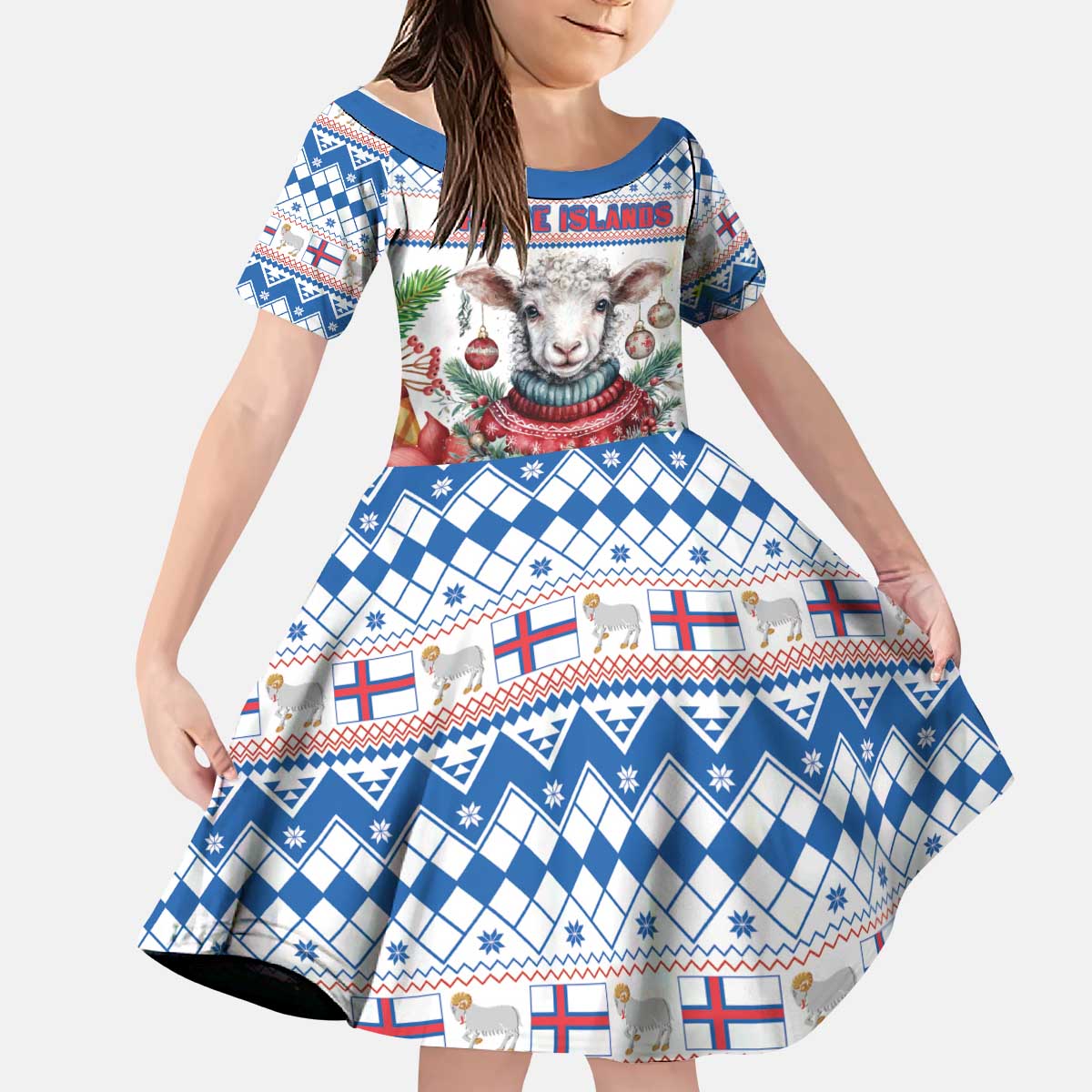 Faroe Islands Christmas Kid Short Sleeve Dress Cute Faroese Sheep Xmas Patterns - Wonder Print Shop