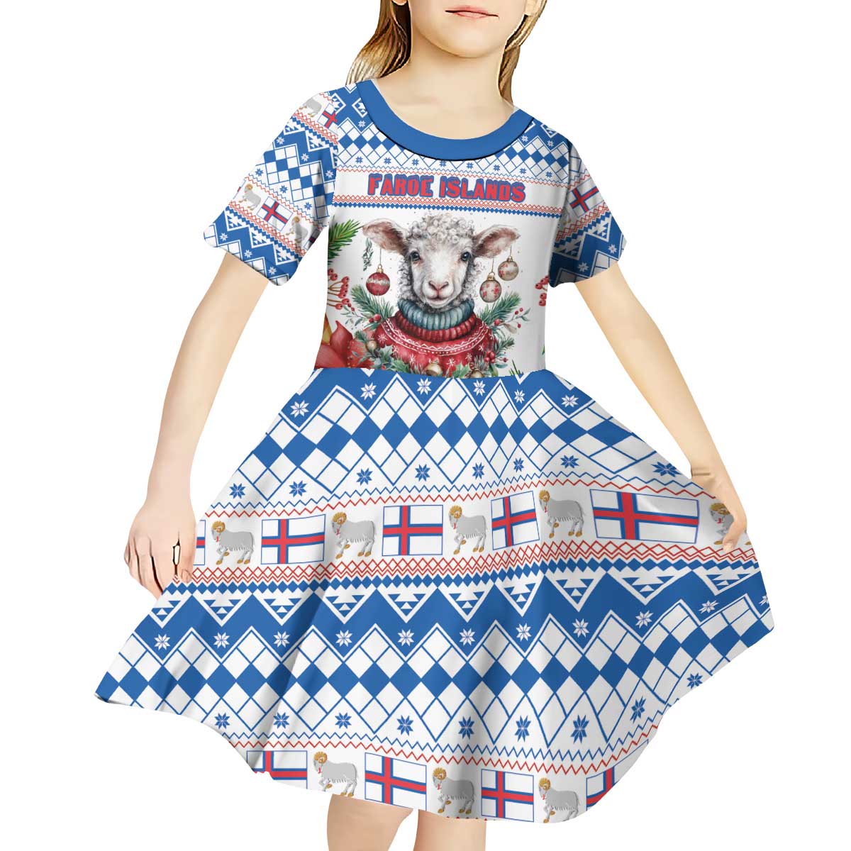 Faroe Islands Christmas Kid Short Sleeve Dress Cute Faroese Sheep Xmas Patterns - Wonder Print Shop