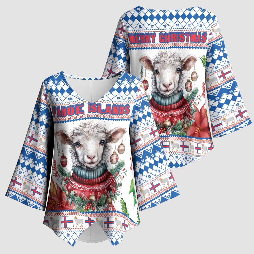 Faroe Islands Christmas Kimono Sleeve Blouse Cute Faroese Sheep Xmas Patterns - Wonder Print Shop