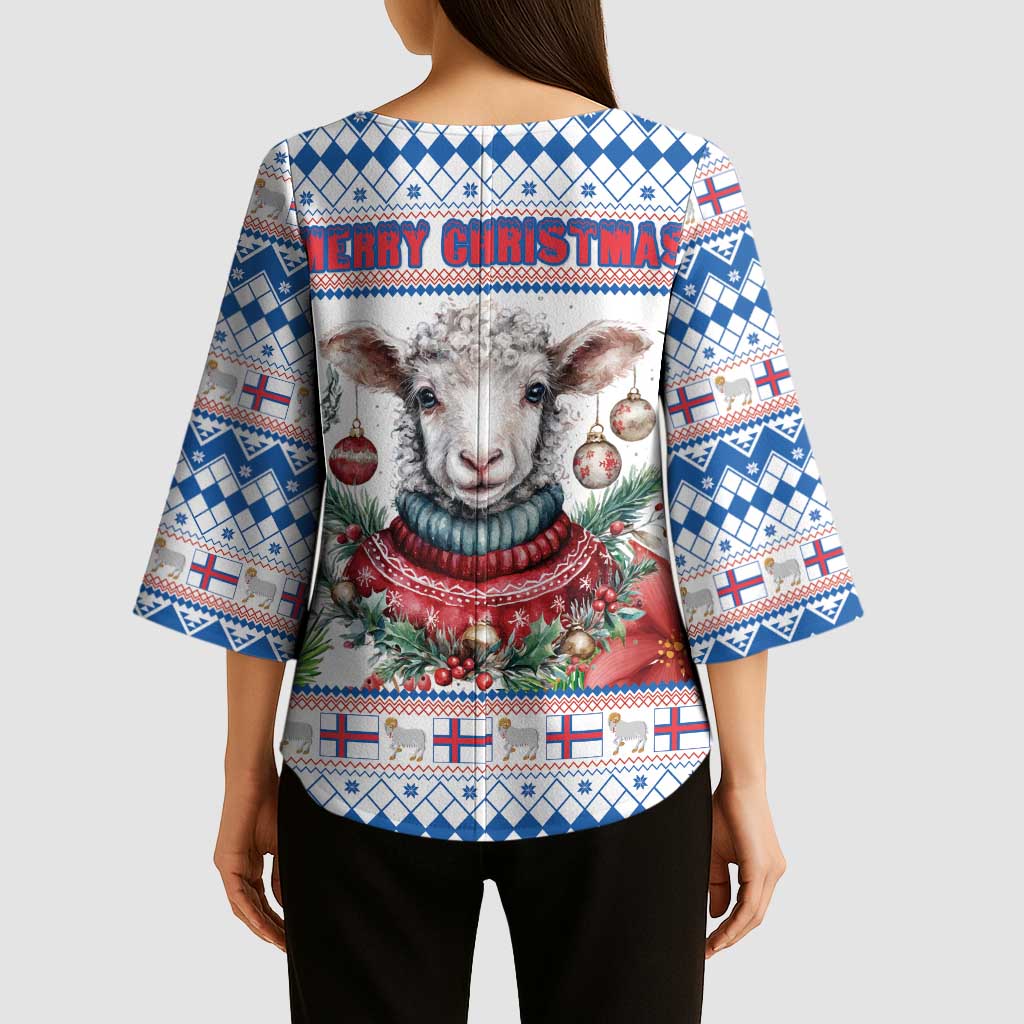 Faroe Islands Christmas Kimono Sleeve Blouse Cute Faroese Sheep Xmas Patterns - Wonder Print Shop