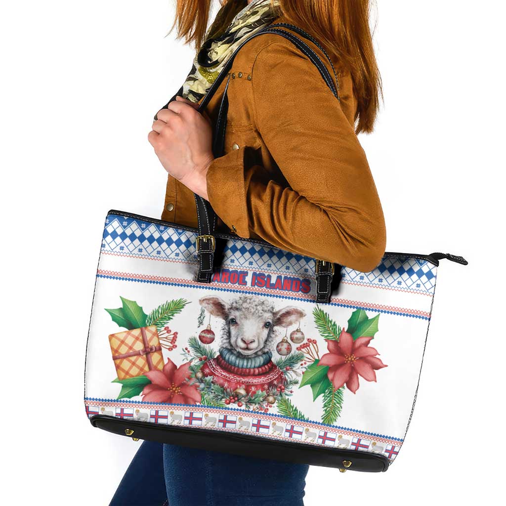 Faroe Islands Christmas Leather Tote Bag Cute Faroese Sheep Xmas Patterns - Wonder Print Shop