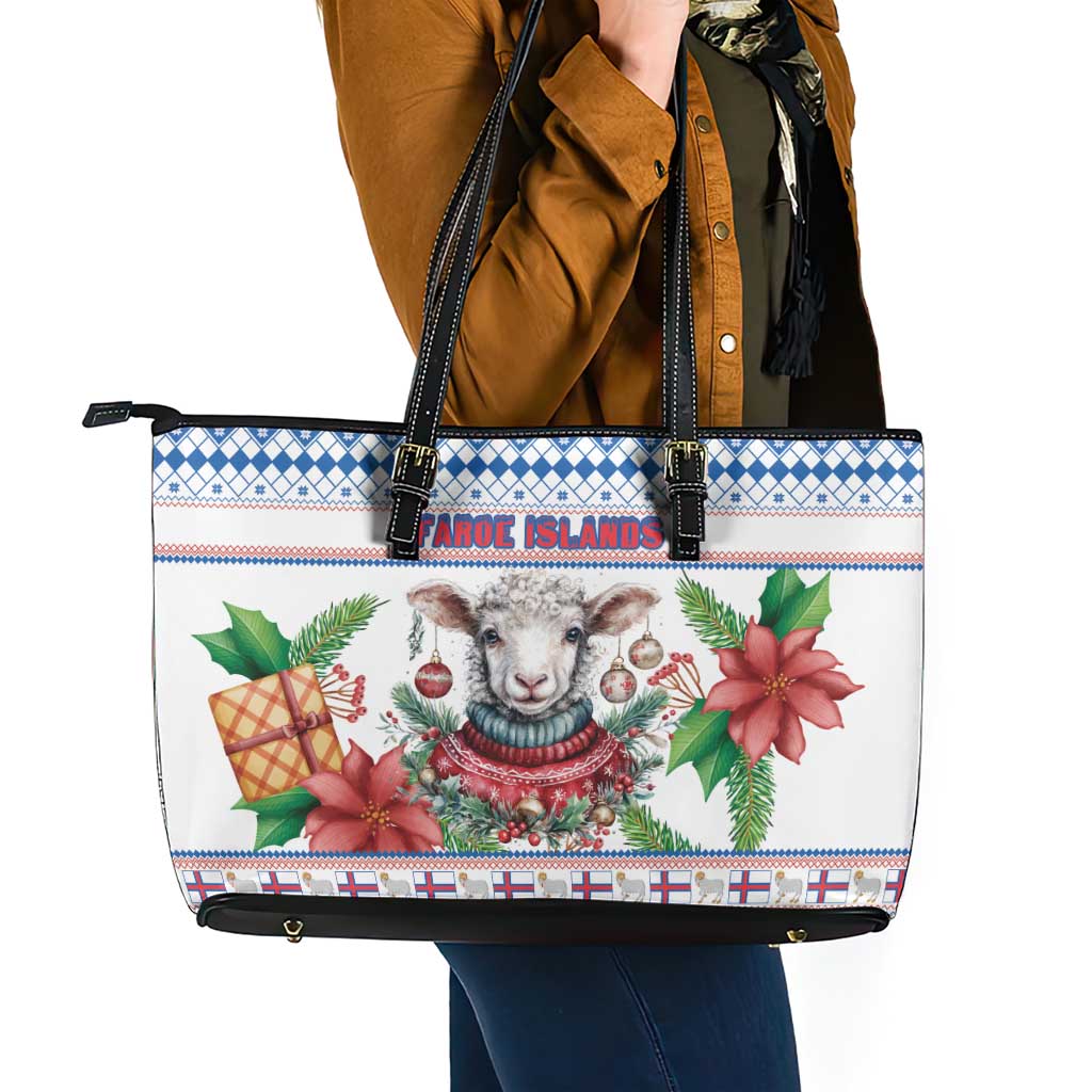 Faroe Islands Christmas Leather Tote Bag Cute Faroese Sheep Xmas Patterns - Wonder Print Shop