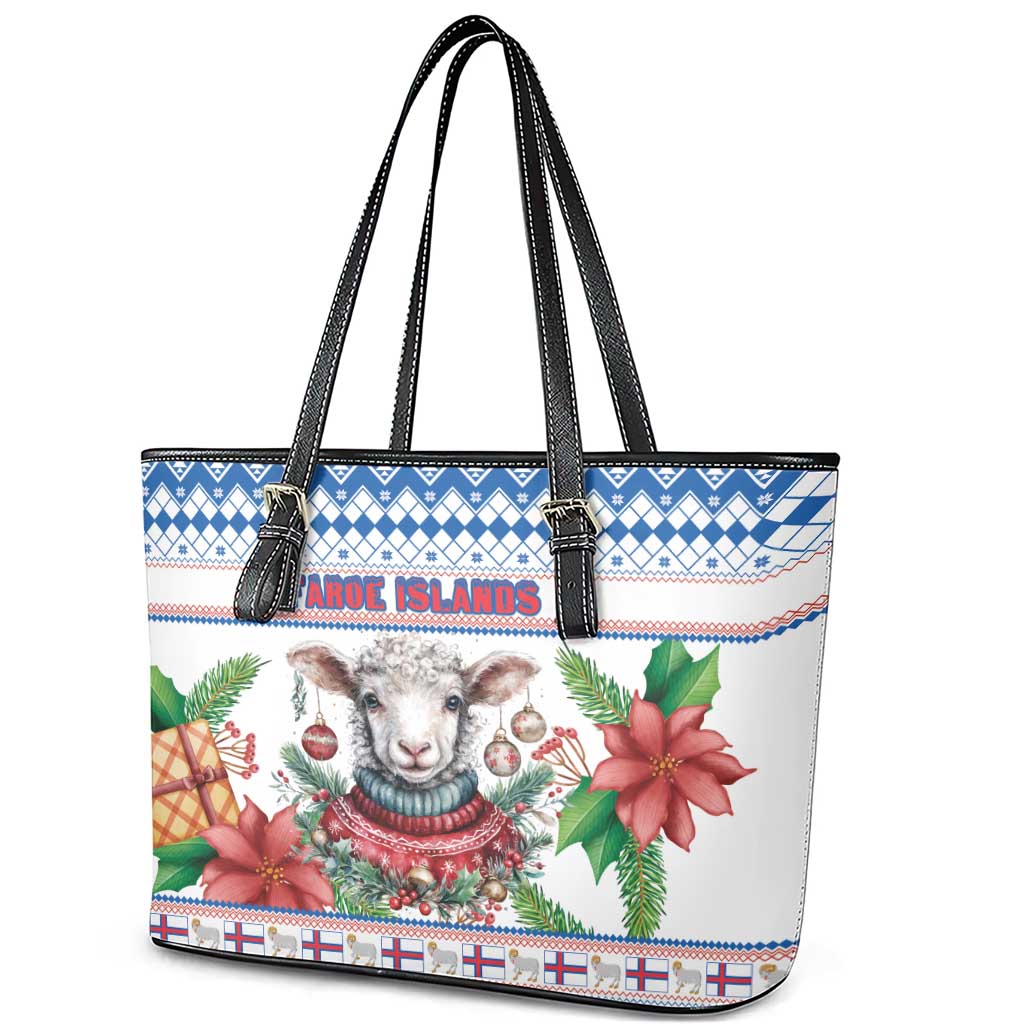 Faroe Islands Christmas Leather Tote Bag Cute Faroese Sheep Xmas Patterns - Wonder Print Shop