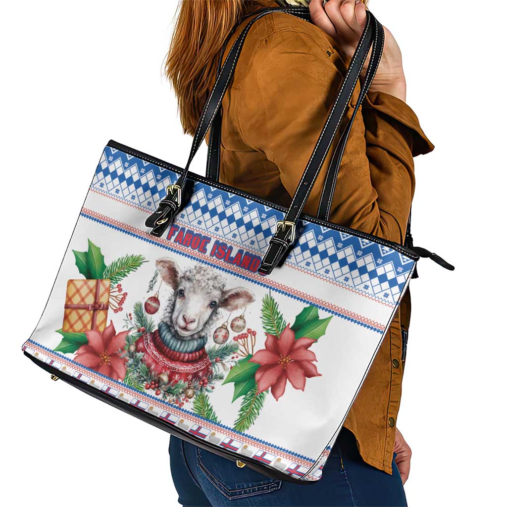 Faroe Islands Christmas Leather Tote Bag Cute Faroese Sheep Xmas Patterns - Wonder Print Shop