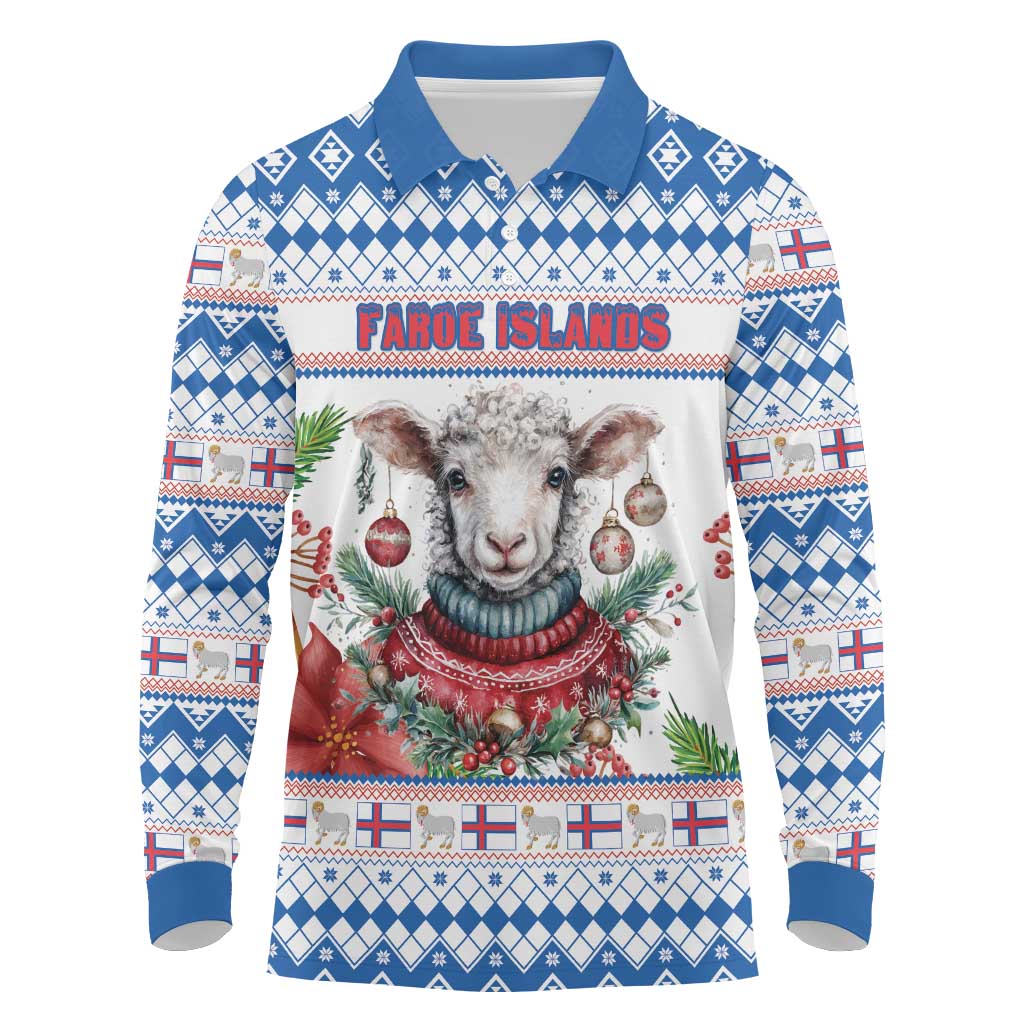Faroe Islands Christmas Long Sleeve Polo Shirt Cute Faroese Sheep Xmas Patterns - Wonder Print Shop
