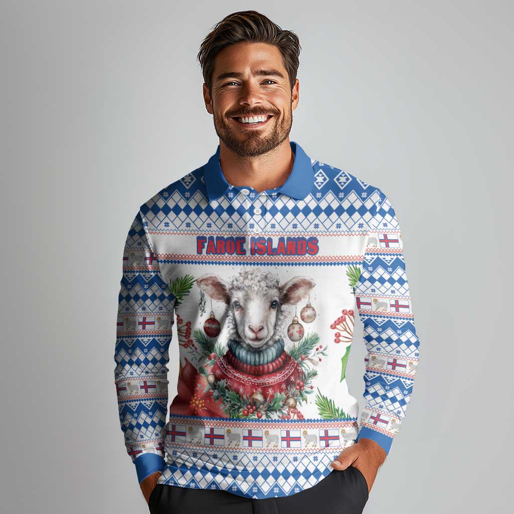 Faroe Islands Christmas Long Sleeve Polo Shirt Cute Faroese Sheep Xmas Patterns - Wonder Print Shop