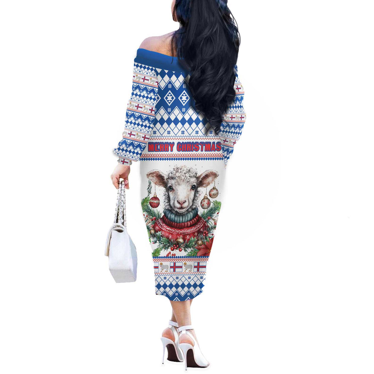 Faroe Islands Christmas Off The Shoulder Long Sleeve Dress Cute Faroese Sheep Xmas Patterns - Wonder Print Shop