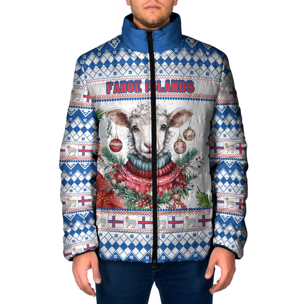 Faroe Islands Christmas Padded Jacket Cute Faroese Sheep Xmas Patterns - Wonder Print Shop
