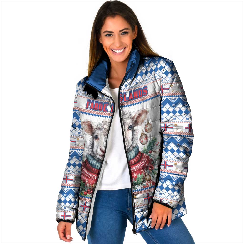 Faroe Islands Christmas Padded Jacket Cute Faroese Sheep Xmas Patterns - Wonder Print Shop