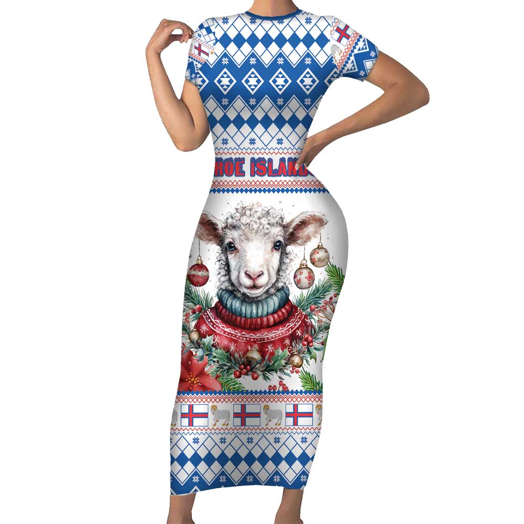 Faroe Islands Christmas Short Sleeve Bodycon Dress Cute Faroese Sheep Xmas Patterns - Wonder Print Shop