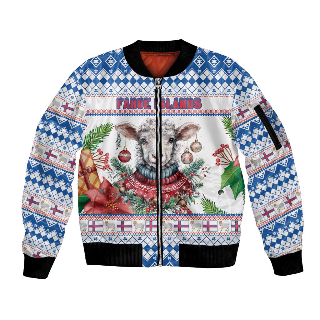 Faroe Islands Christmas Sleeve Zip Bomber Jacket Cute Faroese Sheep Xmas Patterns - Wonder Print Shop