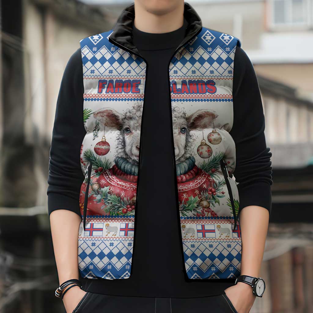 Faroe Islands Christmas Sleeveless Puffer Jacket Cute Faroese Sheep Xmas Patterns - Wonder Print Shop