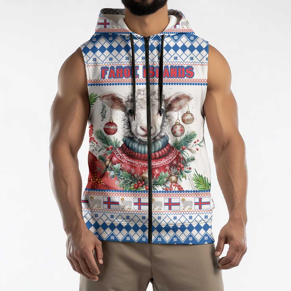 Faroe Islands Christmas Sleeveless Zip Hoodie Cute Faroese Sheep Xmas Patterns - Wonder Print Shop