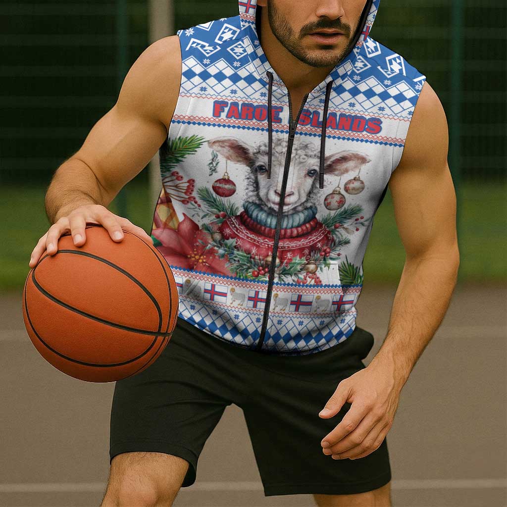 Faroe Islands Christmas Sleeveless Zip Hoodie Cute Faroese Sheep Xmas Patterns - Wonder Print Shop