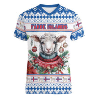 Faroe Islands Christmas Women V-Neck T-Shirt Cute Faroese Sheep Xmas Patterns - Wonder Print Shop