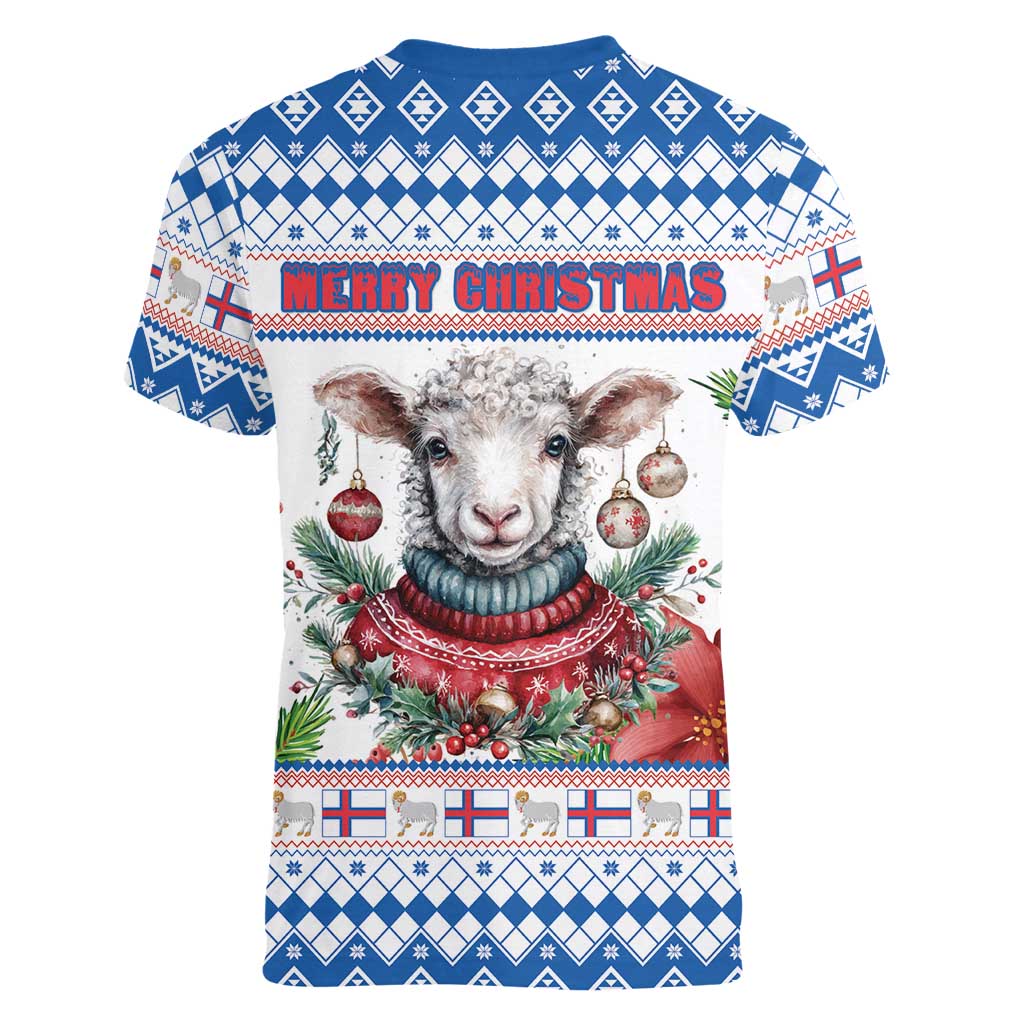 Faroe Islands Christmas Women V-Neck T-Shirt Cute Faroese Sheep Xmas Patterns - Wonder Print Shop