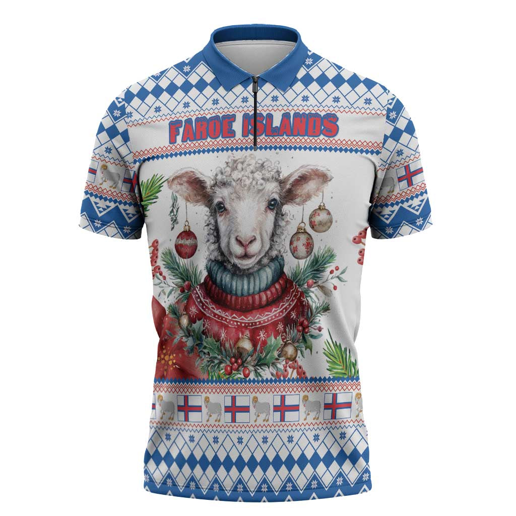 Faroe Islands Christmas Zipper Polo Shirt Cute Faroese Sheep Xmas Patterns - Wonder Print Shop