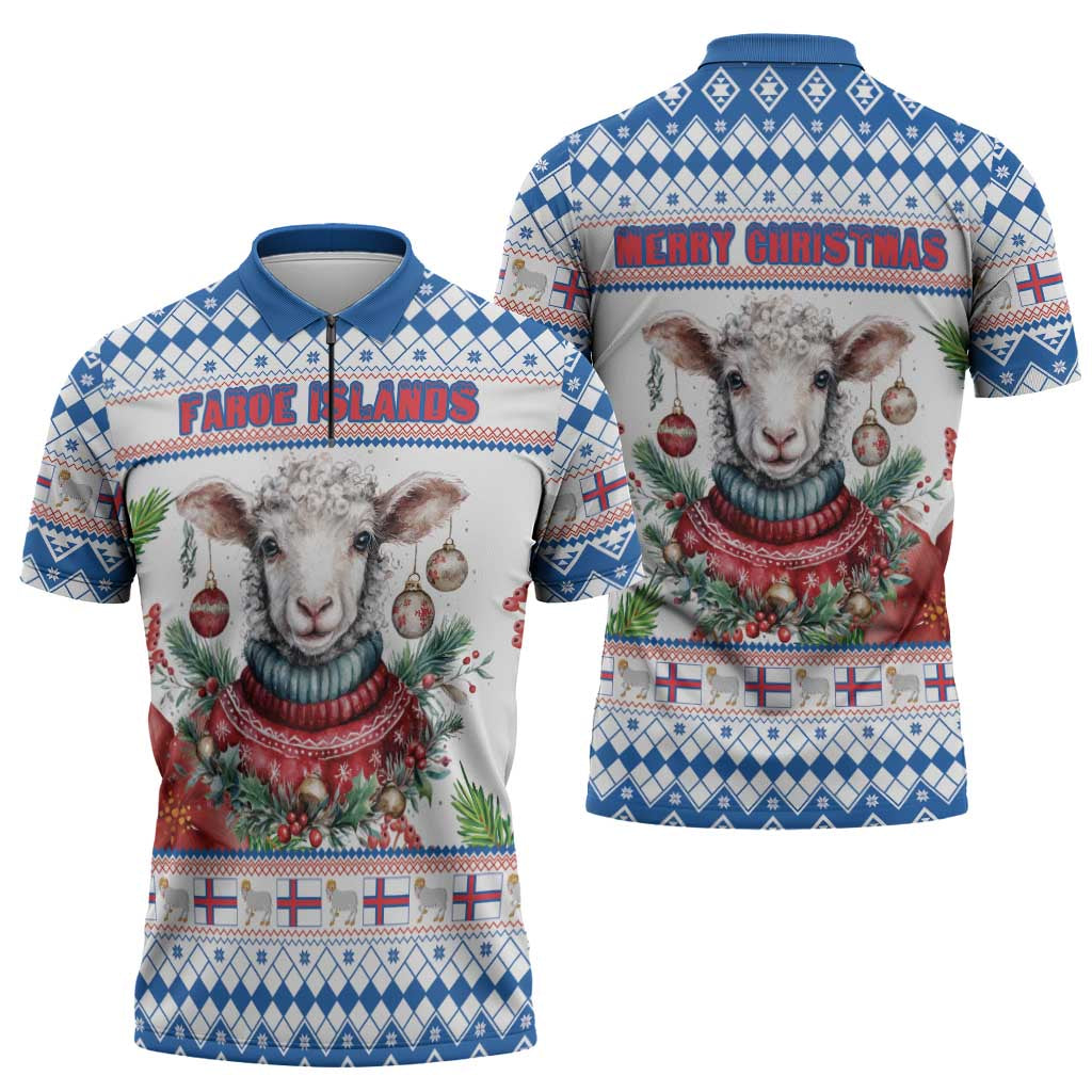 Faroe Islands Christmas Zipper Polo Shirt Cute Faroese Sheep Xmas Patterns - Wonder Print Shop