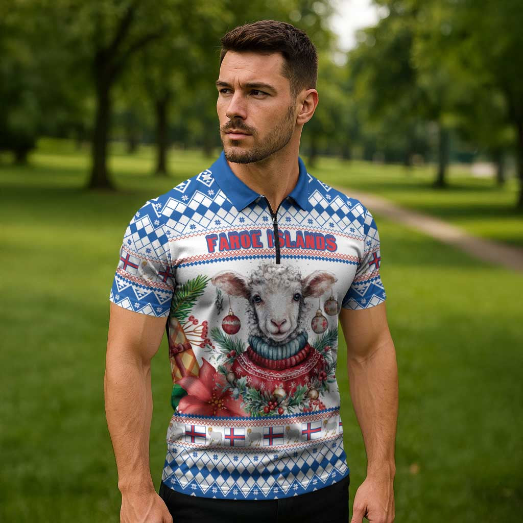 Faroe Islands Christmas Zipper Polo Shirt Cute Faroese Sheep Xmas Patterns - Wonder Print Shop