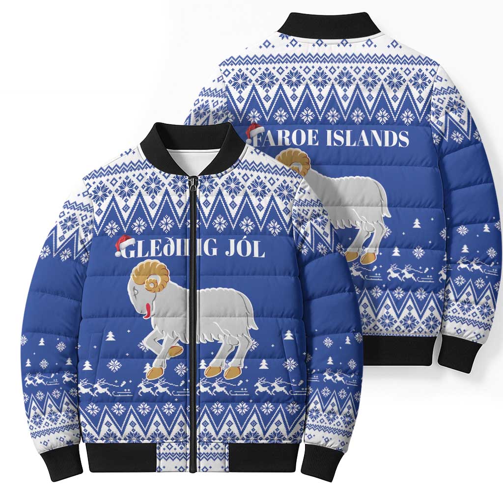 Faroe Islands Christmas Bomber Puffer Jacket Coat Of Arms Xmas Patterns - Wonder Print Shop