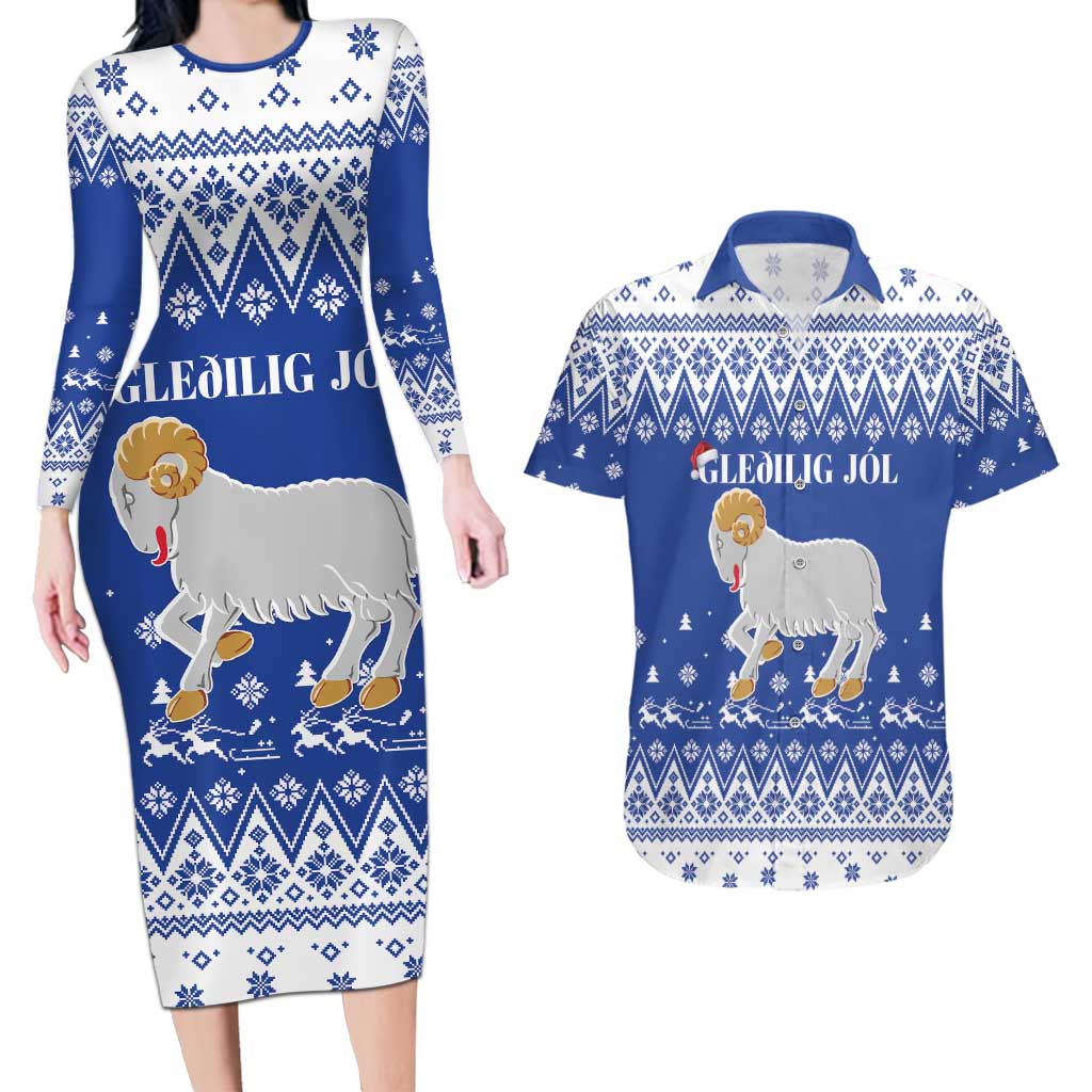 Faroe Islands Christmas Couples Matching Long Sleeve Bodycon Dress and Hawaiian Shirt Coat Of Arms Xmas Patterns - Wonder Print Shop