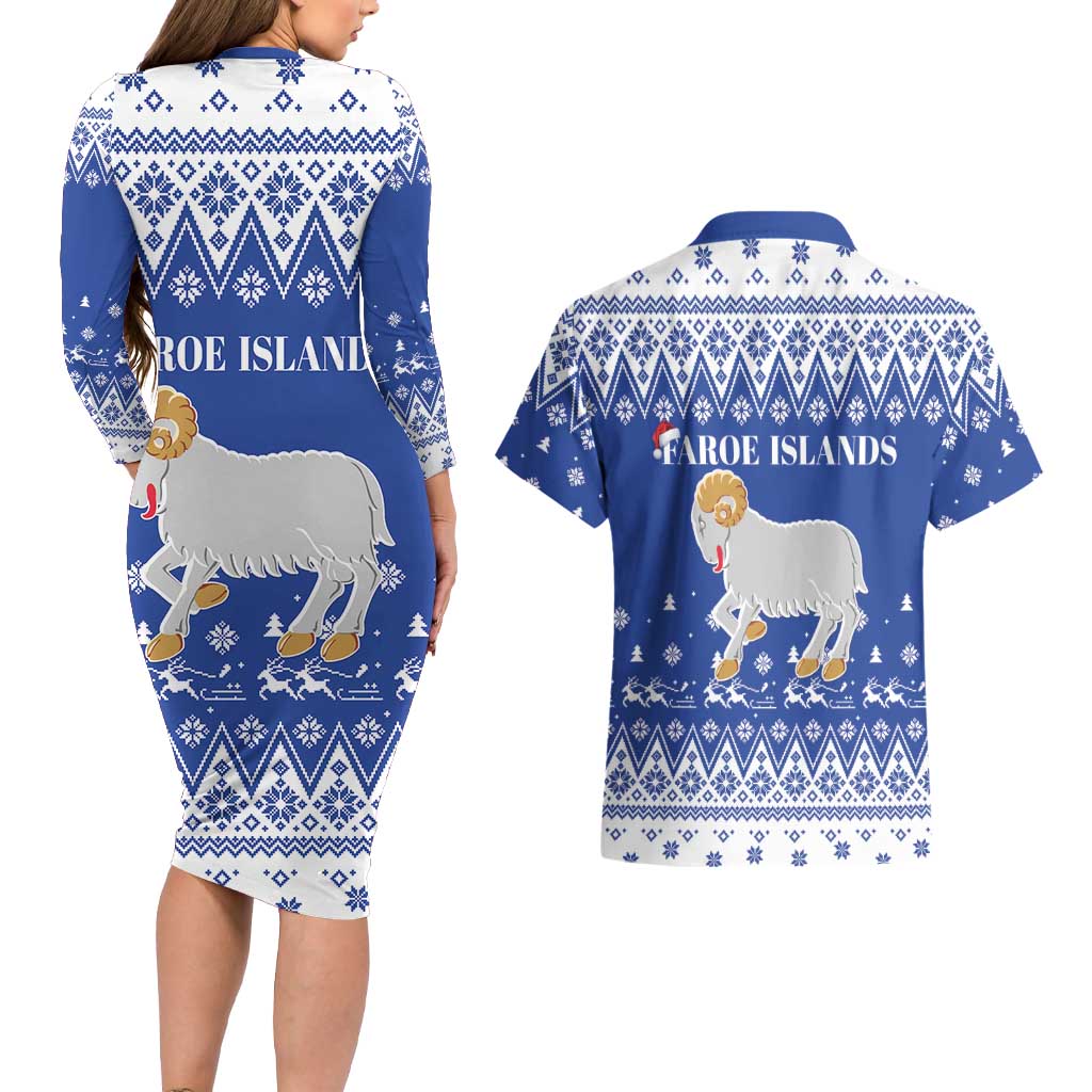 Faroe Islands Christmas Couples Matching Long Sleeve Bodycon Dress and Hawaiian Shirt Coat Of Arms Xmas Patterns - Wonder Print Shop