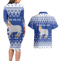 Faroe Islands Christmas Couples Matching Long Sleeve Bodycon Dress and Hawaiian Shirt Coat Of Arms Xmas Patterns - Wonder Print Shop