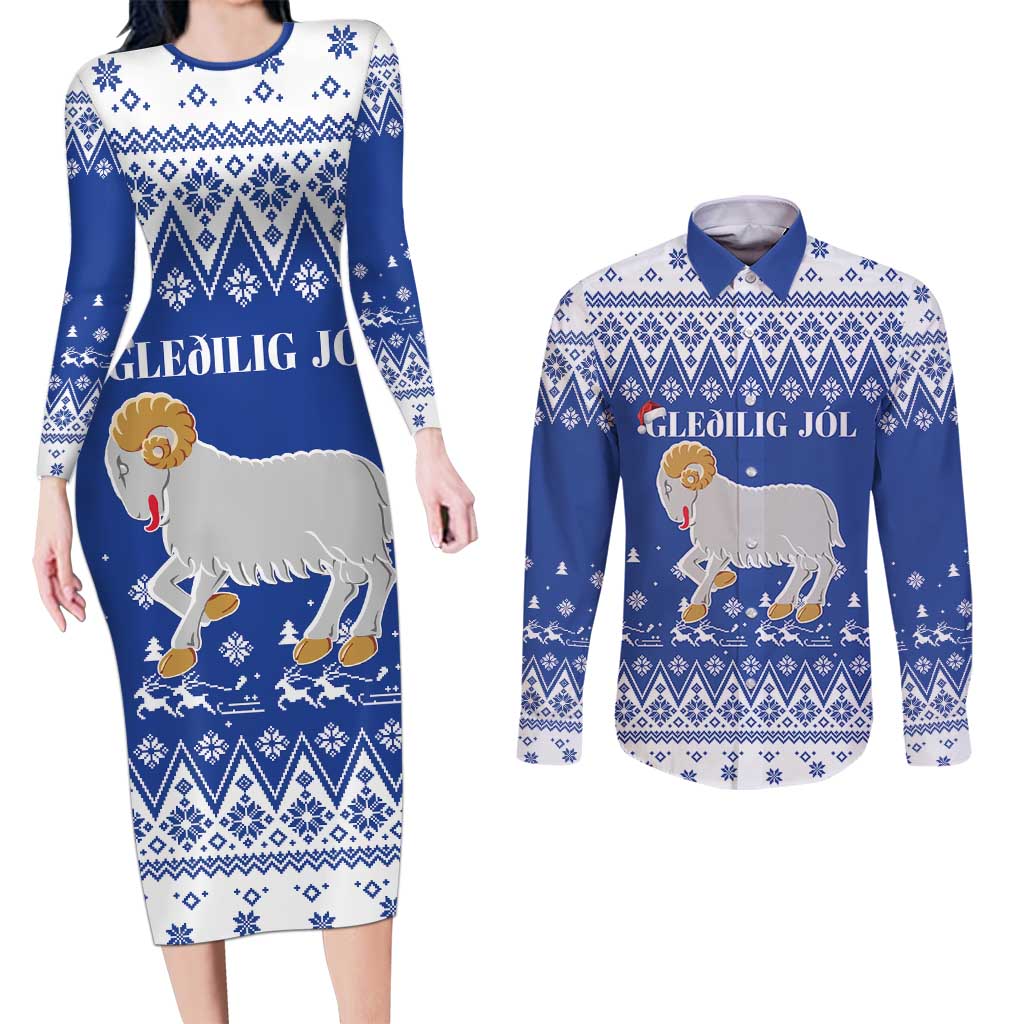 Faroe Islands Christmas Couples Matching Long Sleeve Bodycon Dress and Long Sleeve Button Shirt Coat Of Arms Xmas Patterns - Wonder Print Shop