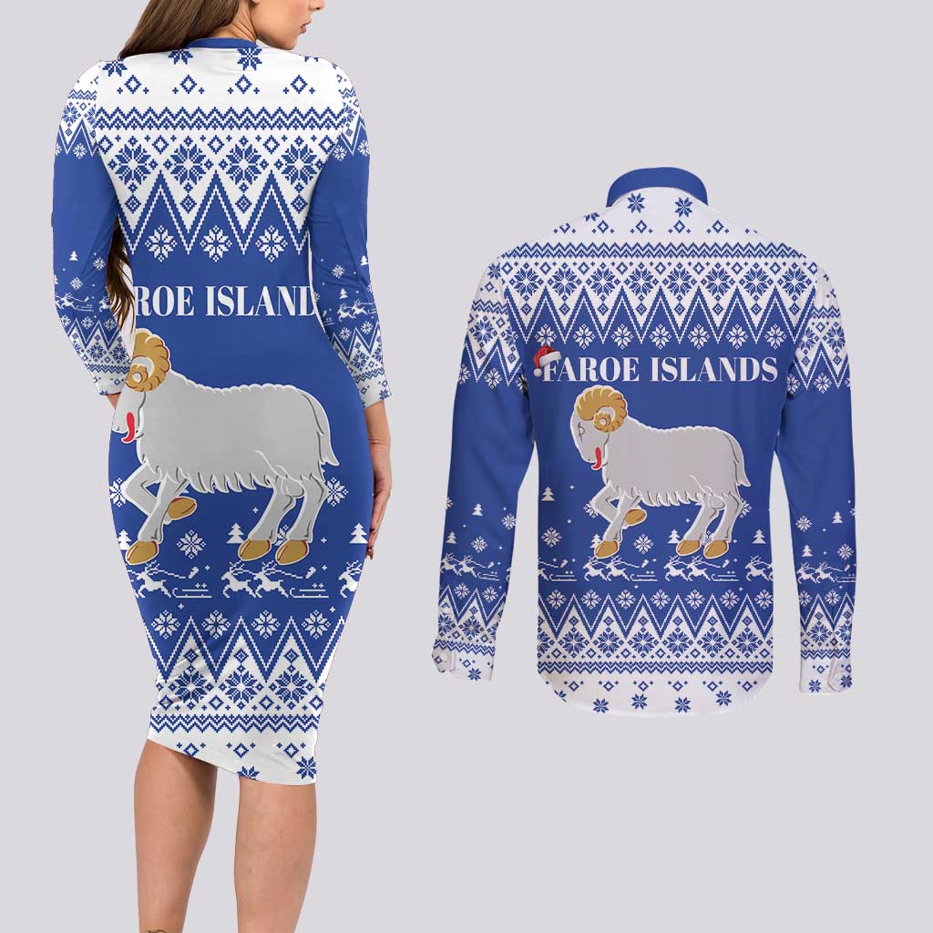 Faroe Islands Christmas Couples Matching Long Sleeve Bodycon Dress and Long Sleeve Button Shirt Coat Of Arms Xmas Patterns - Wonder Print Shop