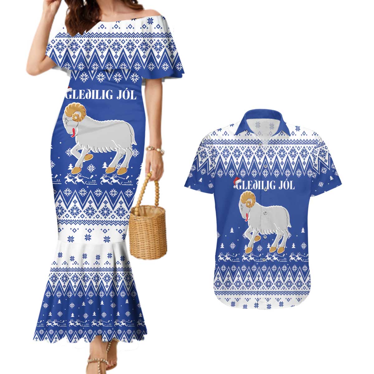 Faroe Islands Christmas Couples Matching Mermaid Dress and Hawaiian Shirt Coat Of Arms Xmas Patterns - Wonder Print Shop