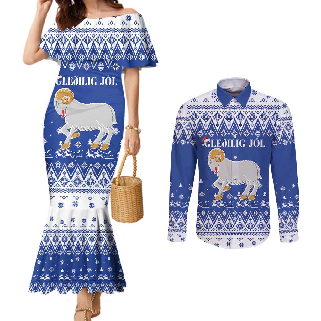 Faroe Islands Christmas Couples Matching Mermaid Dress and Long Sleeve Button Shirt Coat Of Arms Xmas Patterns - Wonder Print Shop