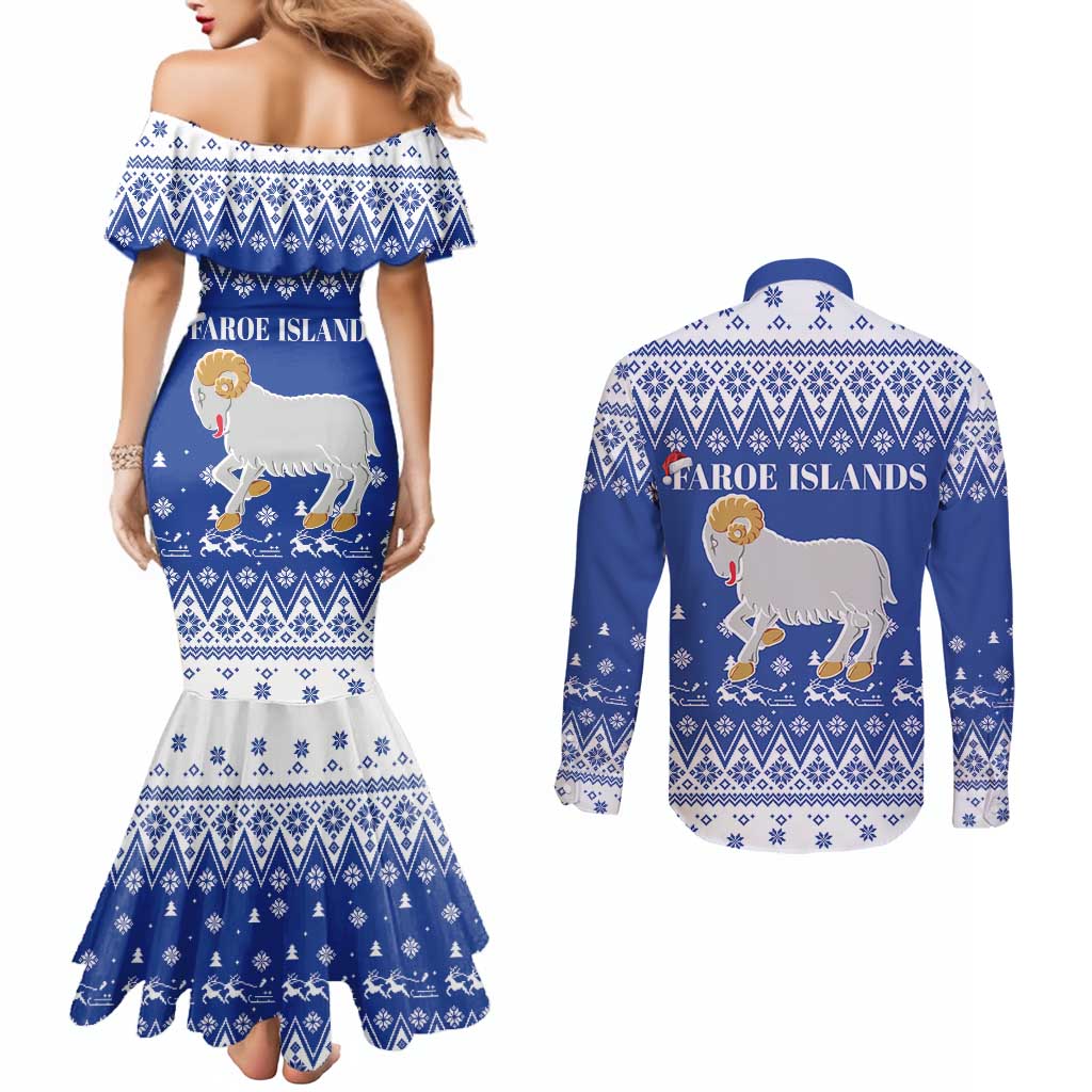 Faroe Islands Christmas Couples Matching Mermaid Dress and Long Sleeve Button Shirt Coat Of Arms Xmas Patterns - Wonder Print Shop